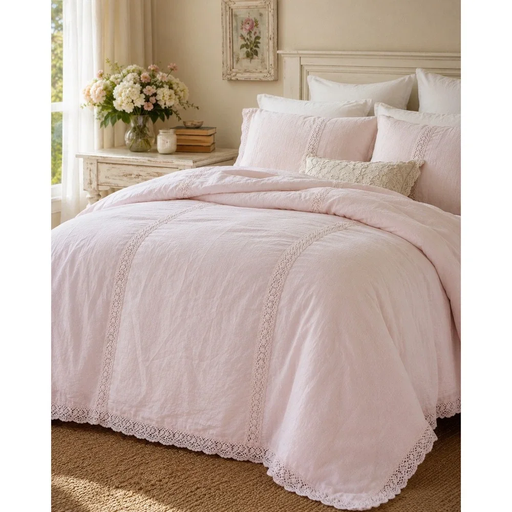 Simply Shabby Chic Pink Crochet Lace Trim King Comforter